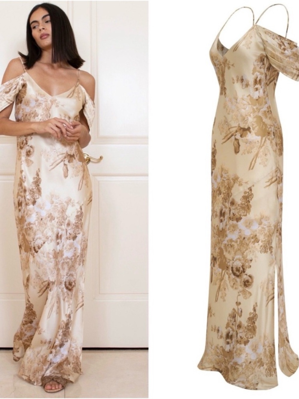 Gold Hawk Napa Noa Silk Beige Rafia Floral Maxi Dress Size Small